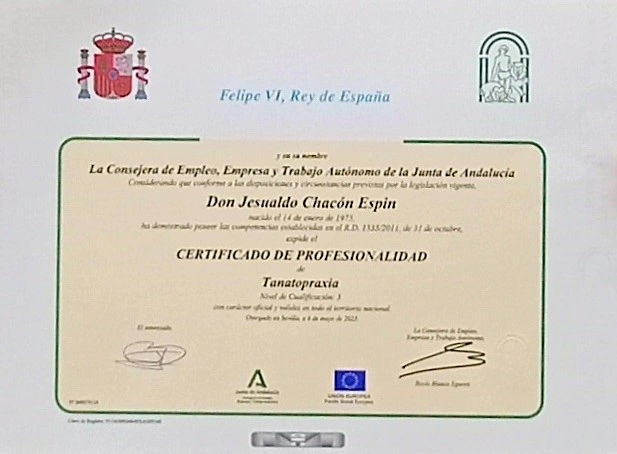 Certificado de profesionalidad de Tanatopraxia de Jesús Chacón Espín