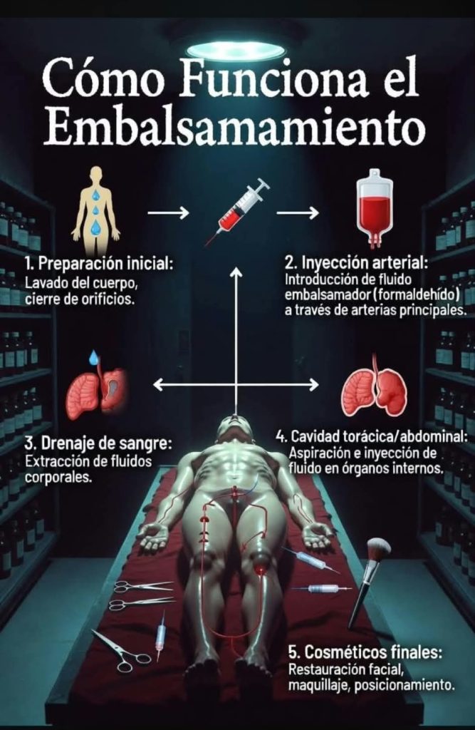 Infografía de las fases del embalsamamiento: preparación inicial, inyección arterial, drenaje, tratamiento de las cavidades y preparación final
