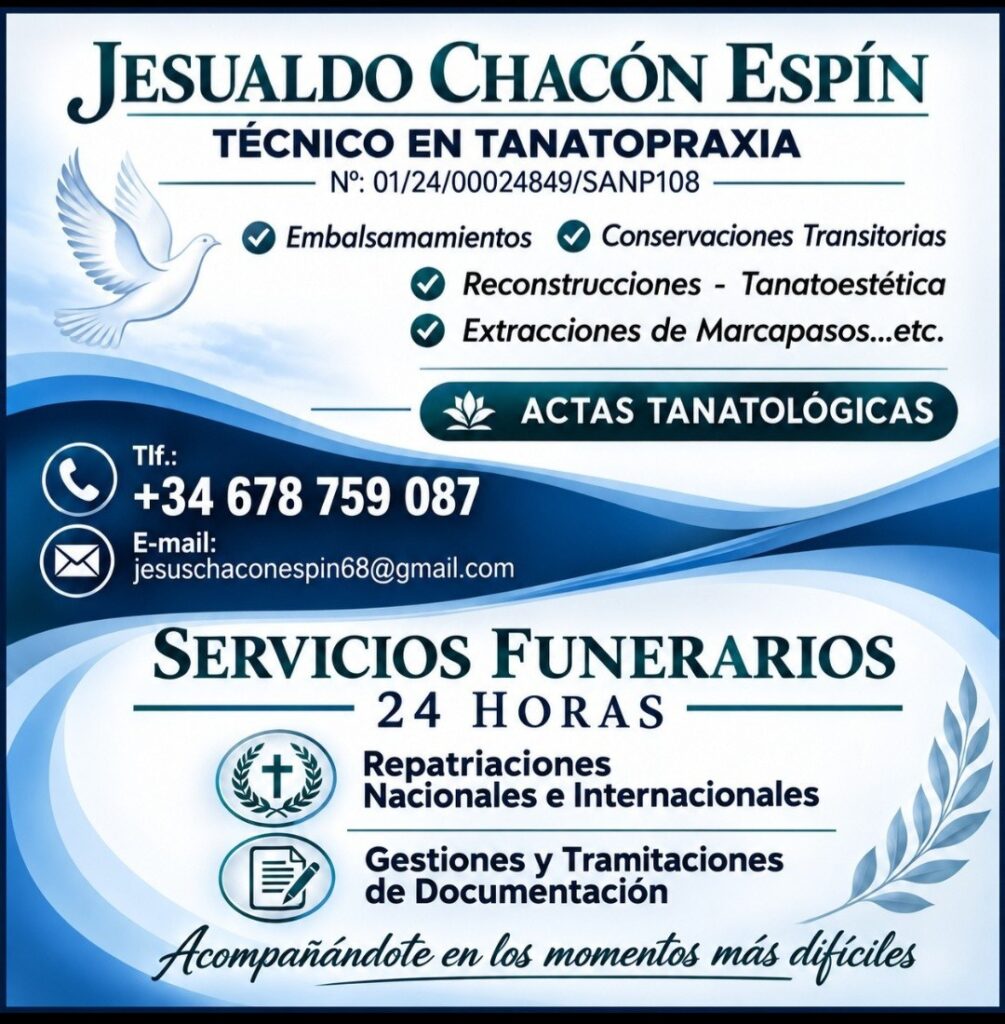 Cartel de los servicios de tanatopraxia y de los servicios funerarios de Jesús Chacón Espín